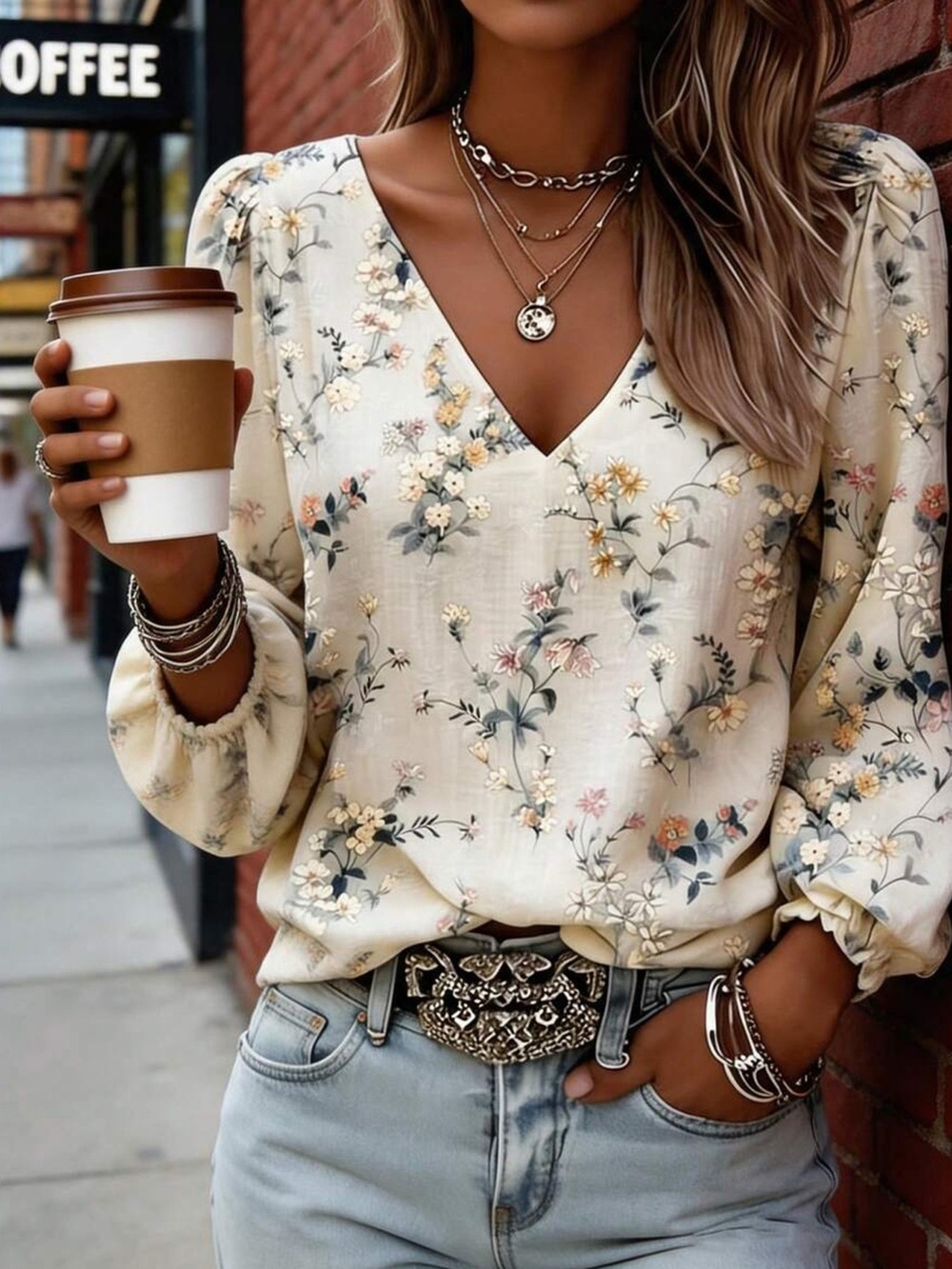 Floral Print V-Neck Long Sleeve Blouse